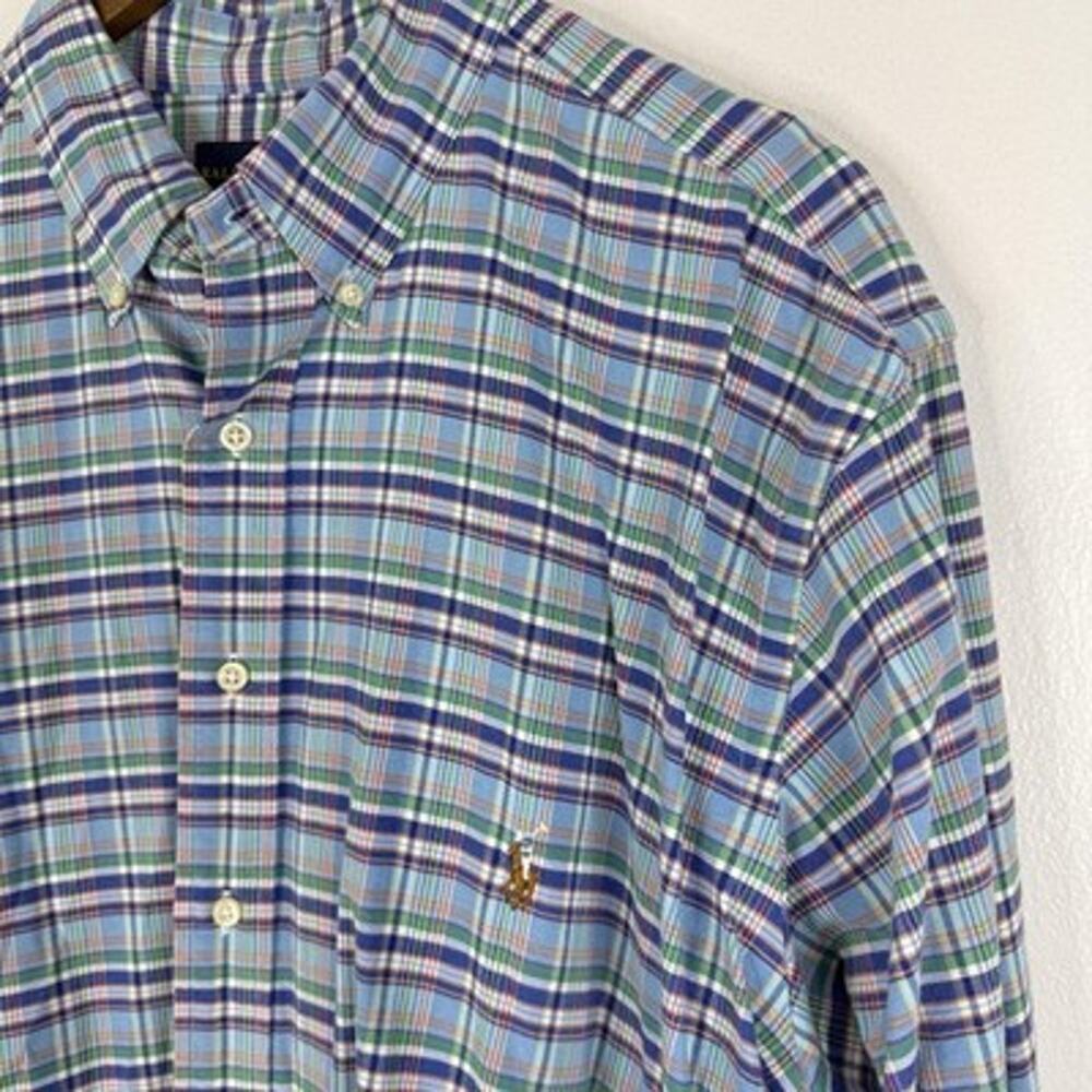 Ralph Lauren Plaid Pony Shirt XLT Blue Long Sleeve Button Down Cotton Casual